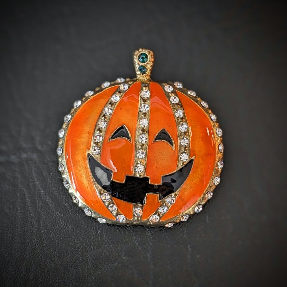 Vintage Halloween Jack O Lantern Enameled Brooch with Rhinestones